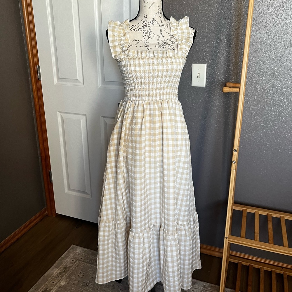 Smocked Gingham Maxi Dress in Beige - Women